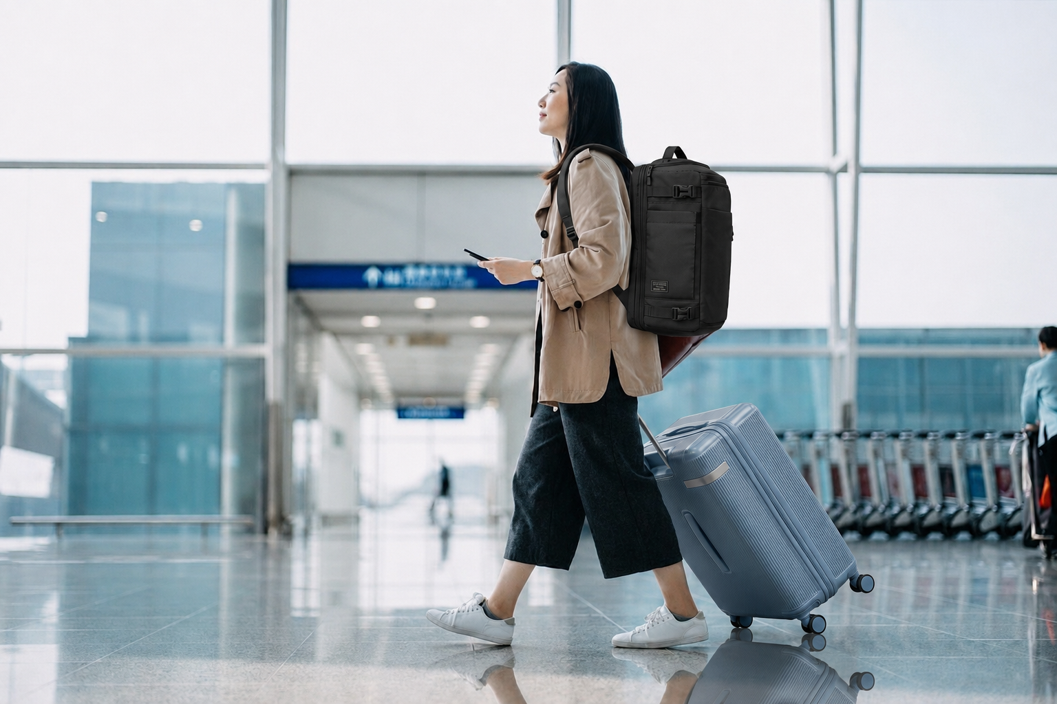Woman with a suitcase and backpack walking through an airport terminal.