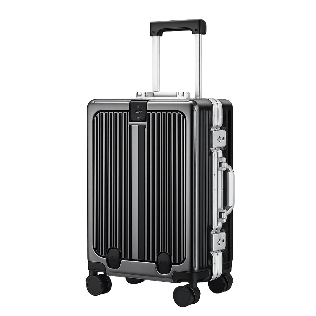 Black suitcase with silver handle and wheels on a white background