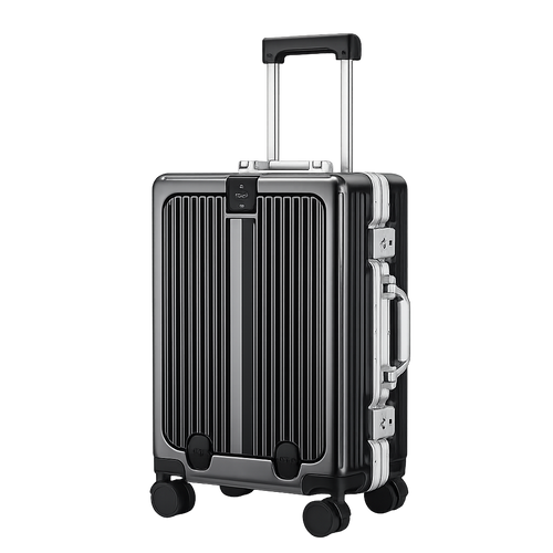 Black suitcase with silver handle and wheels on a white background