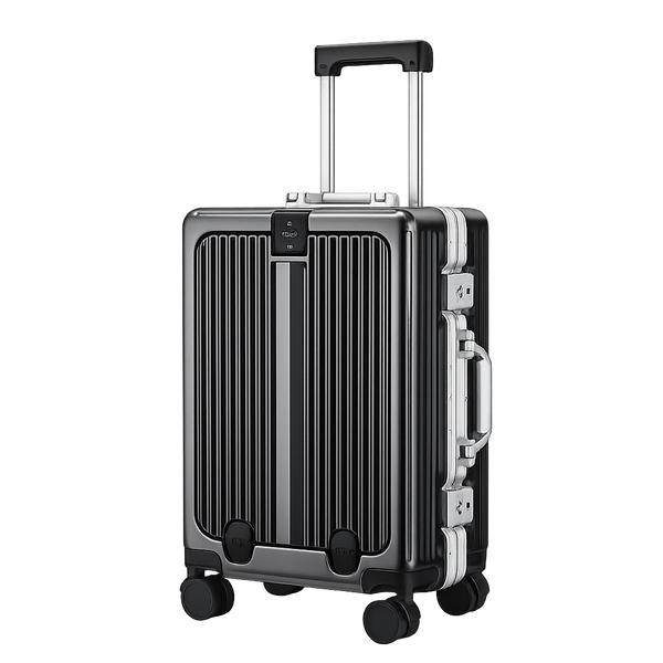 Black suitcase with silver handle and wheels on a white background