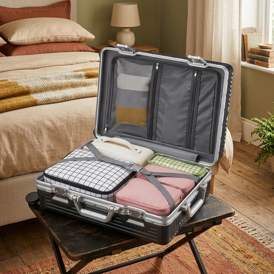 Open suitcase on a stool in a bedroom with neatly packed clothes